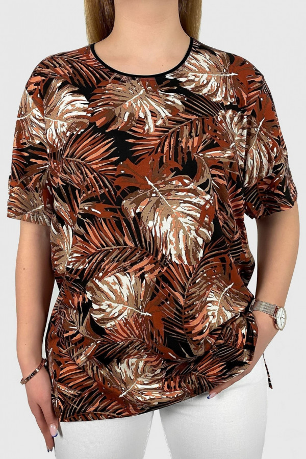 Bluzka damska plus size z wzorem liście tropical brąz Tonia