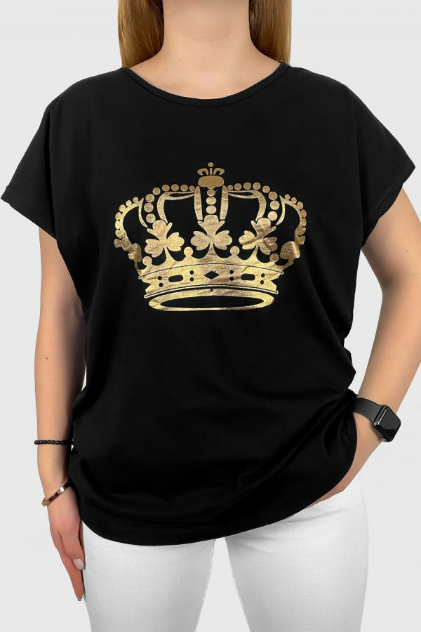 T-shirt damski w kolorze czarnym złoty print korona