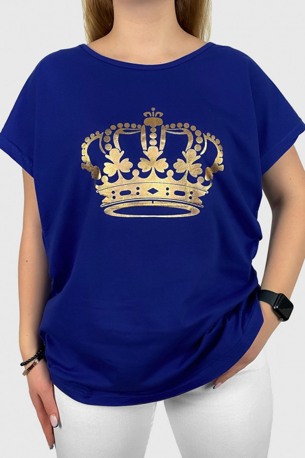 T-shirt damski w kolorze kobaltowym złoty print korona
