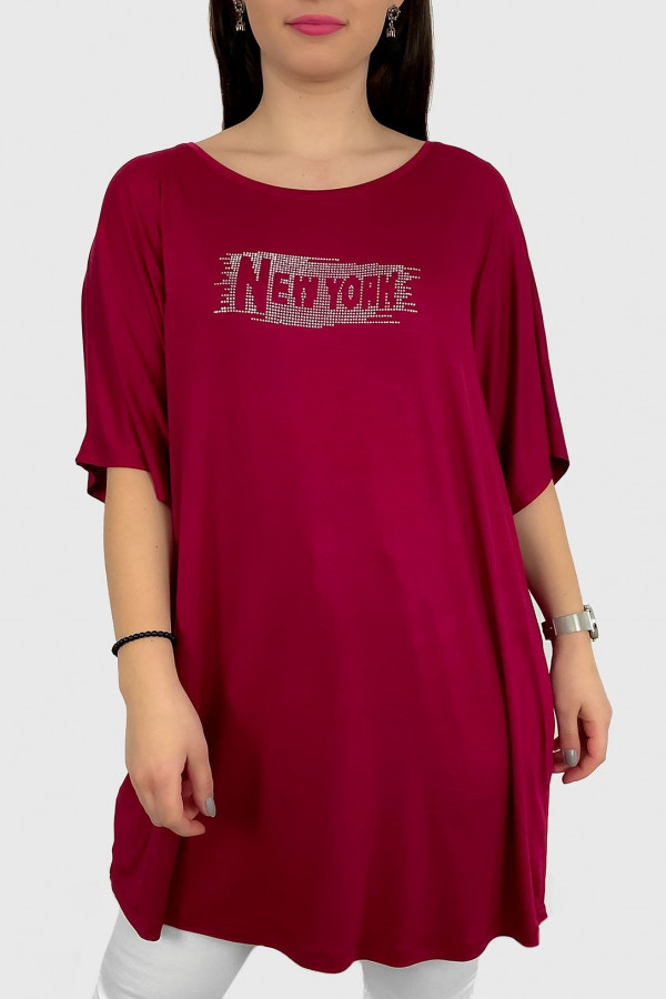 Tunika plus size z wiskozy w kolorze bordowym print dżety NEW YORK