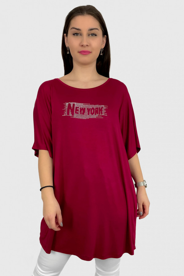Tunika plus size z wiskozy w kolorze bordowym print dżety NEW YORK 2