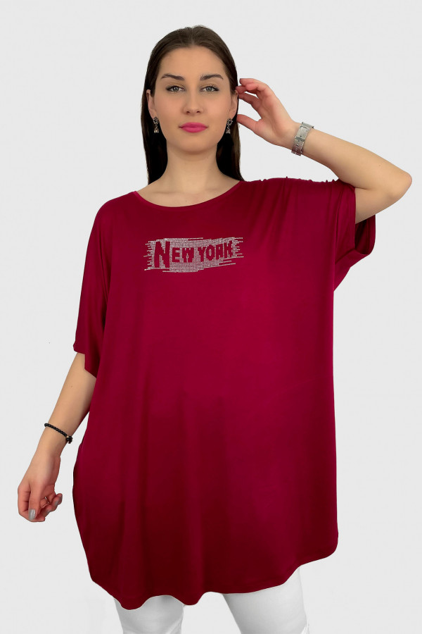 Tunika plus size z wiskozy w kolorze bordowym print dżety NEW YORK 1