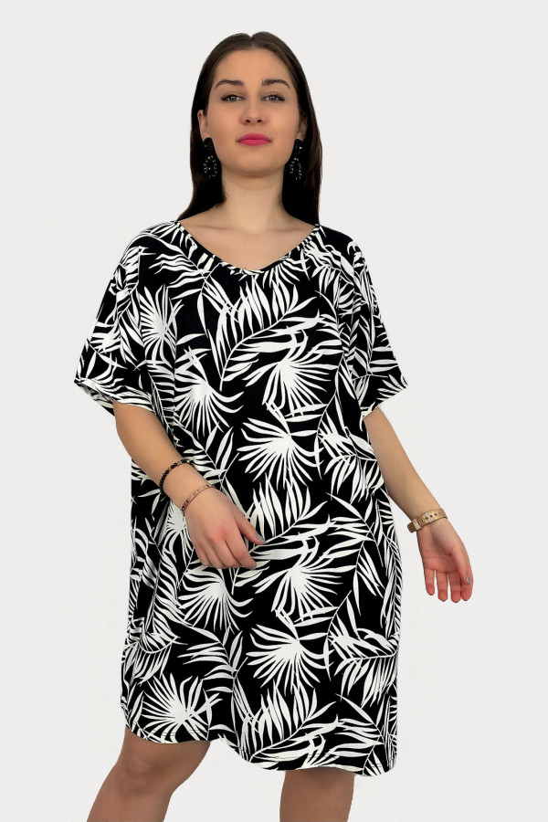 Tunika sukienka plus size dłuższy bok wzór liście tropical palmy Laura 1