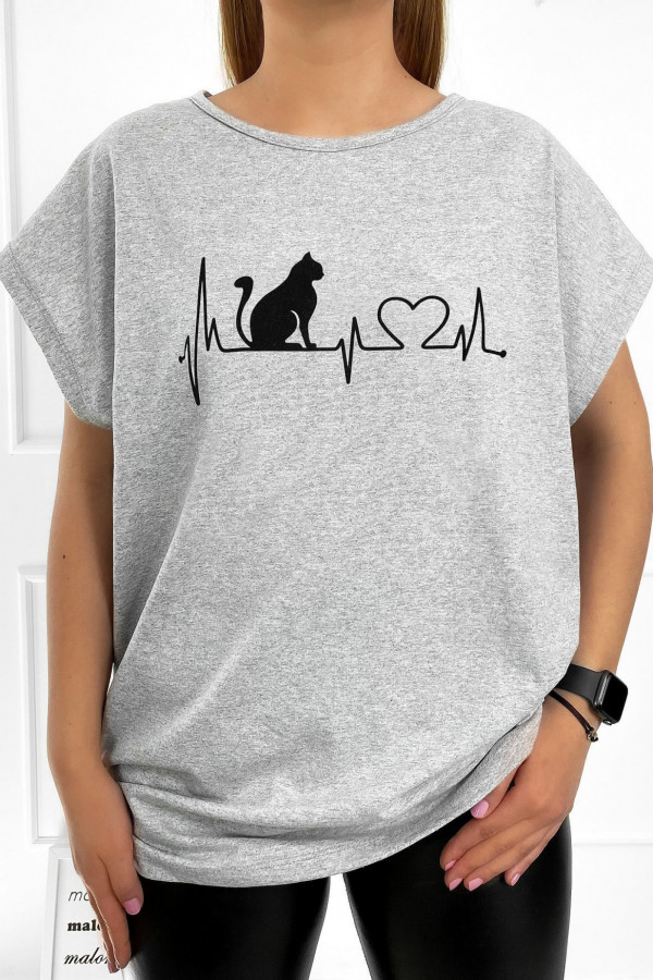 T-shirt damski plus size kolorze szarym linia życia serce kot