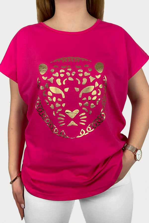 T-shirt damski w kolorze fuksji złoty print pantera