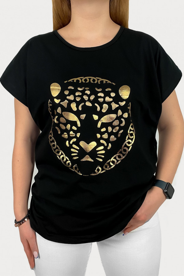 T-shirt damski w kolorze czarnym złoty print pantera