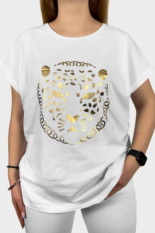 T-shirt damski w kolorze białym złoty print pantera