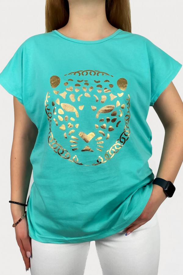 T-shirt damski W DRUGIM GATUNKU w kolorze miętowym złoty print pantera