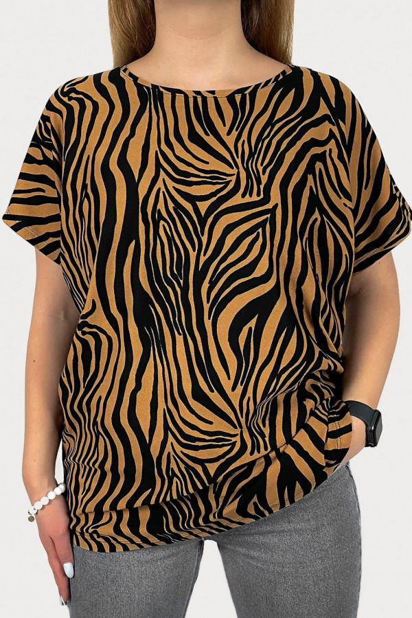 Bluzka damska z wiskozy nietoperz brązowo-czarny wzór zebra