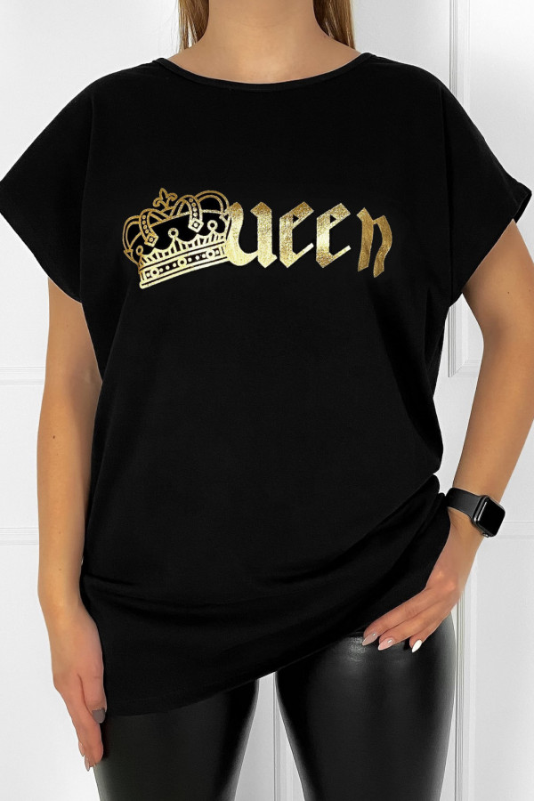T-shirt damski plus size kolorze czarnym złoty print queen