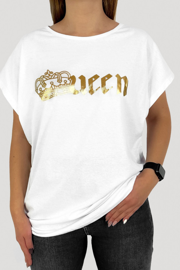 T-shirt damski plus size kolorze białym złoty print queen