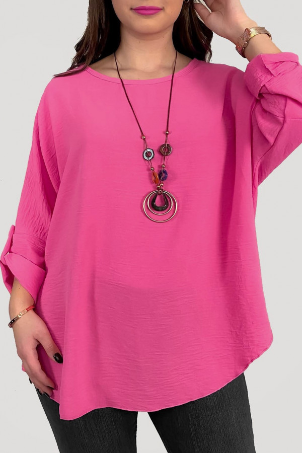 Duża koszula bluzka w kolorze różowym oversize podpinany rękaw z naszyjnikiem Anne