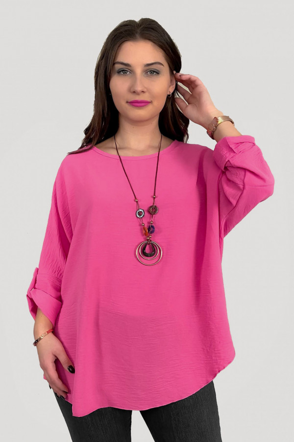 Duża koszula bluzka w kolorze różowym oversize podpinany rękaw z naszyjnikiem Anne 1