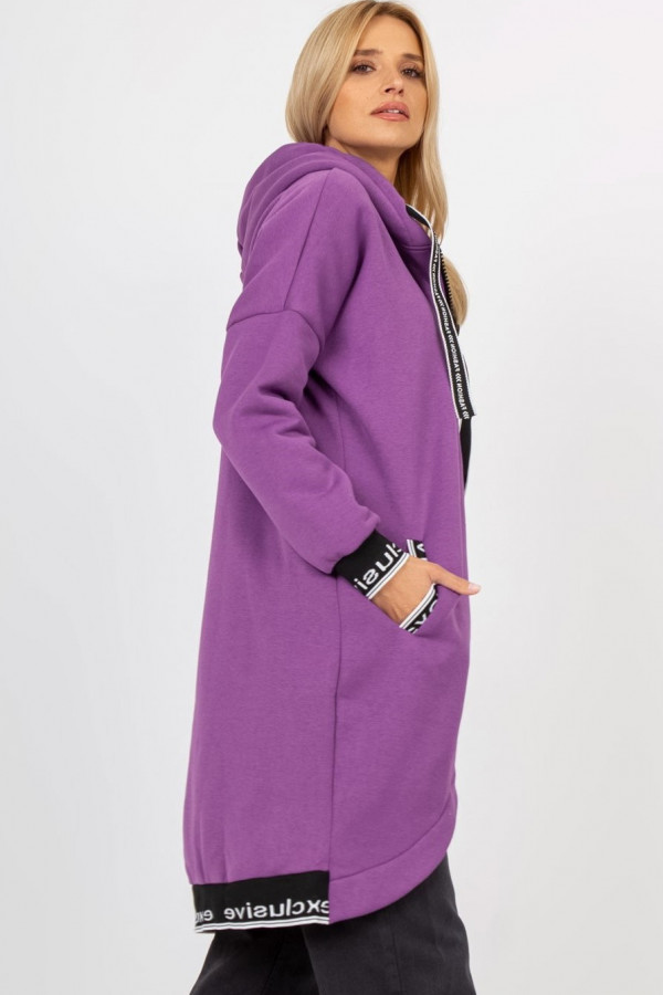 Dresowy płaszczyk bluza damska w kolorze fioletowym z kapturem narzutka zamek taśmy 3