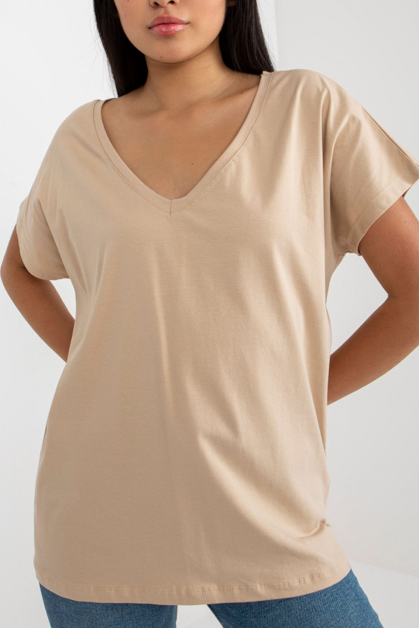 Bluzka damska w kolorze beżowym t-shirt basic dekolt w serek v-neck luna