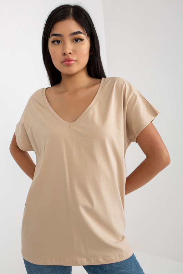 Bluzka damska w kolorze beżowym t-shirt basic dekolt w serek v-neck luna 1
