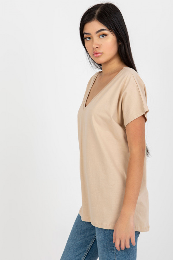 Bluzka damska w kolorze beżowym t-shirt basic dekolt w serek v-neck luna 4