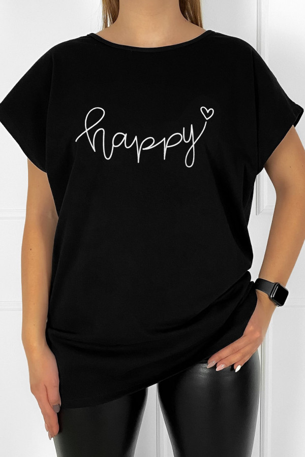 T-shirt damski plus size w kolorze czarnym napis print happy