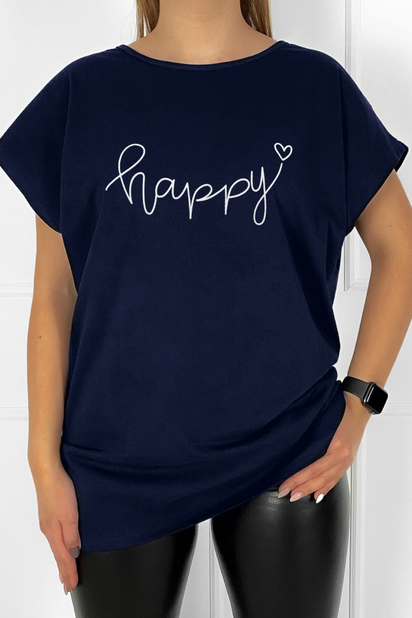 T-shirt damski plus size w kolorze granatowym napis print happy