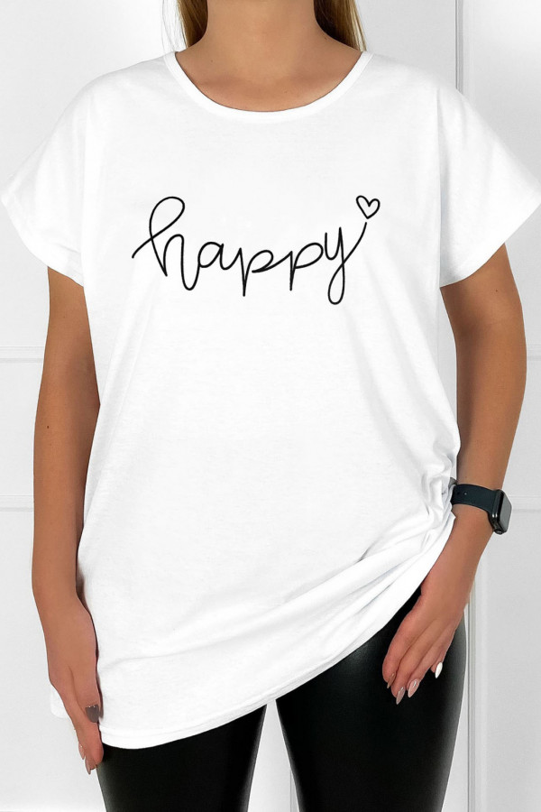 T-shirt damski plus size w kolorze białym napis print happy