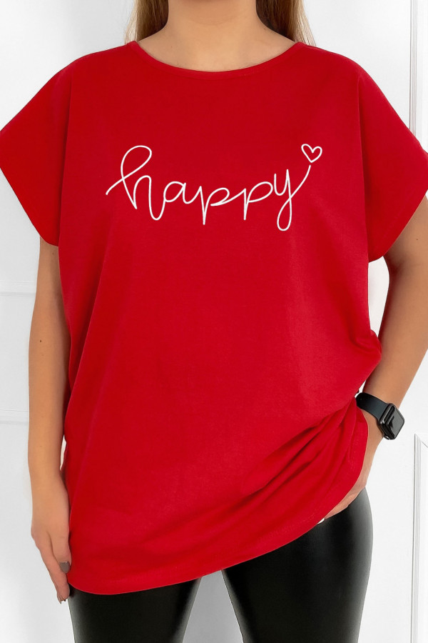 T-shirt damski plus size w kolorze czerwonym napis print happy