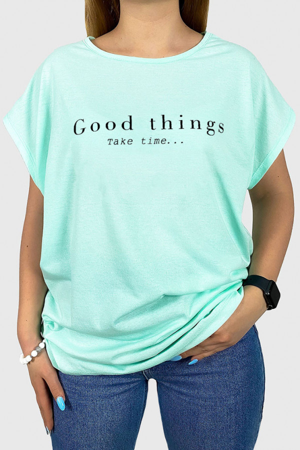 T-shirt damski plus size w kolorze miętowym good things take time