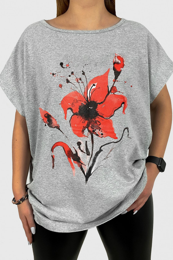 T-shirt damski plus size w kolorze szarym red flower kwiat