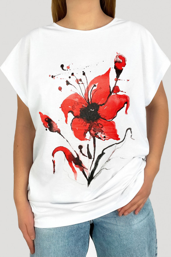 T-shirt damski plus size w kolorze białym red flower kwiat