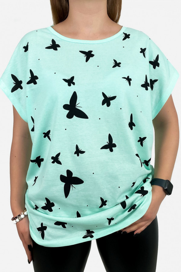 T-shirt damski plus size w kolorze miętowym wzór motyle