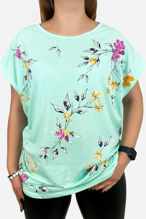 T-shirt damski plus size w kolorze miętowym gałązki kwiaty