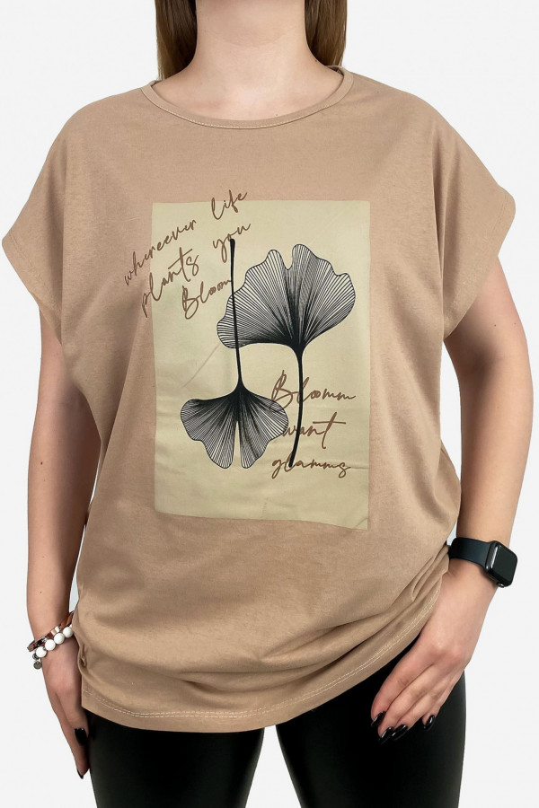 T-shirt damski plus size w kolorze beż latte print liście bloom