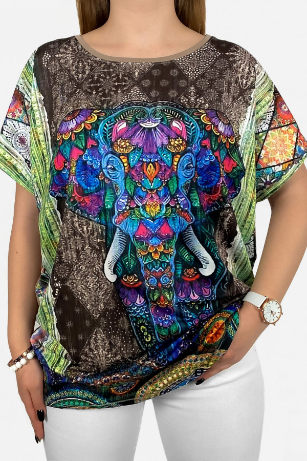 Bluzka damska plus size nietoperz multikolor z nadrukiem Indian elephant