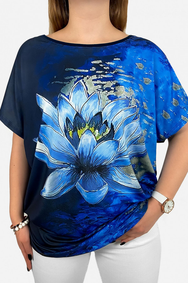 Bluzka damska plus size nietoperz multikolor z nadrukiem blue kwiat