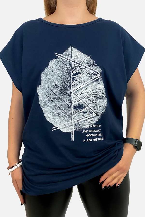 T-shirt damski plus size w kolorze granatowym leaf duży liść