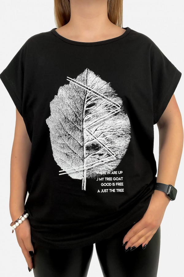 T-shirt damski plus size w kolorze czarnym leaf duży liść