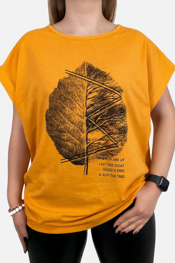 T-shirt damski plus size w kolorze musztardowym leaf duży liść