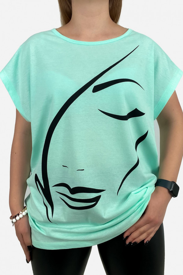 T-shirt damski plus size w kolorze miętowym line art woman