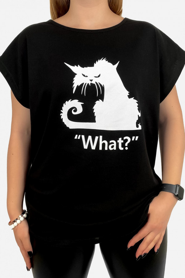 T-shirt damski plus size w kolorze czarnym kot cat what?