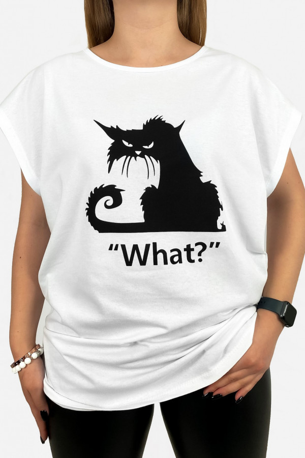 T-shirt damski plus size w kolorze białym kot cat what?