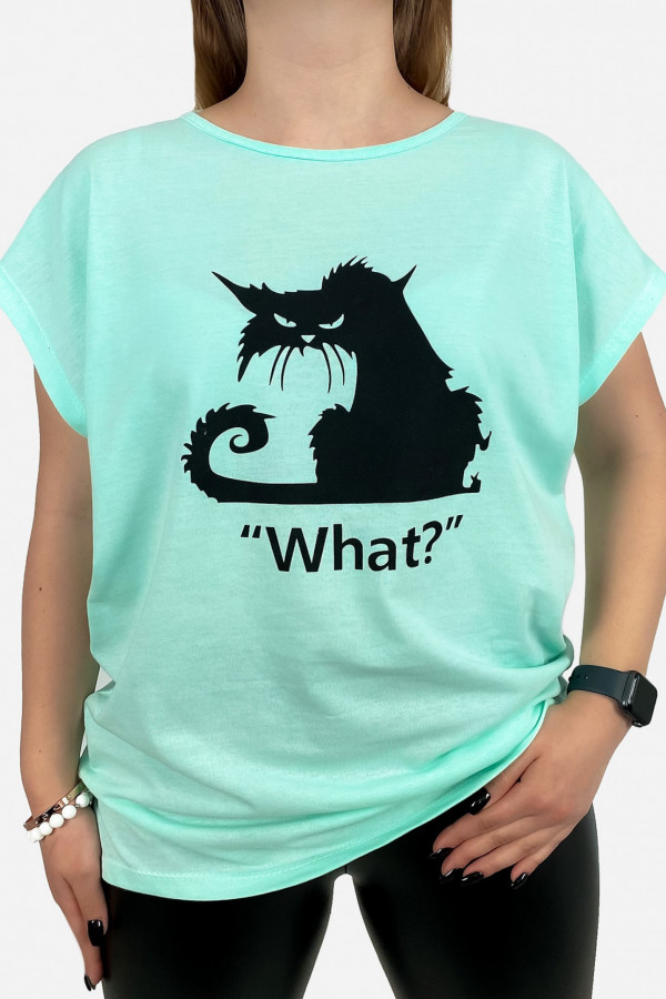 T-shirt damski plus size w kolorze miętowym kot cat what?