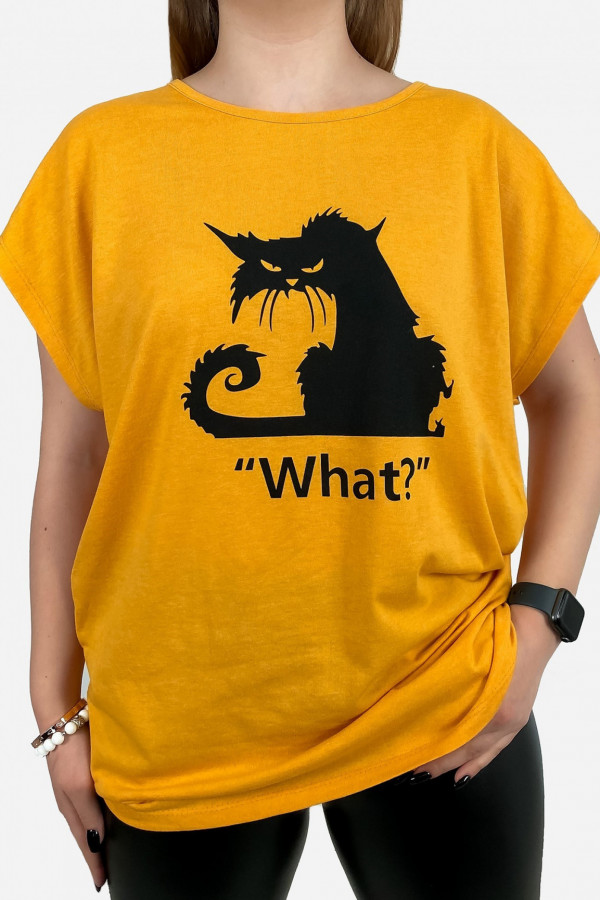 T-shirt damski plus size w kolorze musztardowym kot cat what?