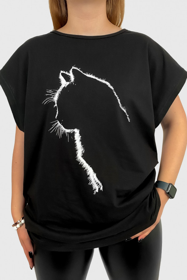 T-shirt damski plus size w kolorze czarnym zarys kot cat