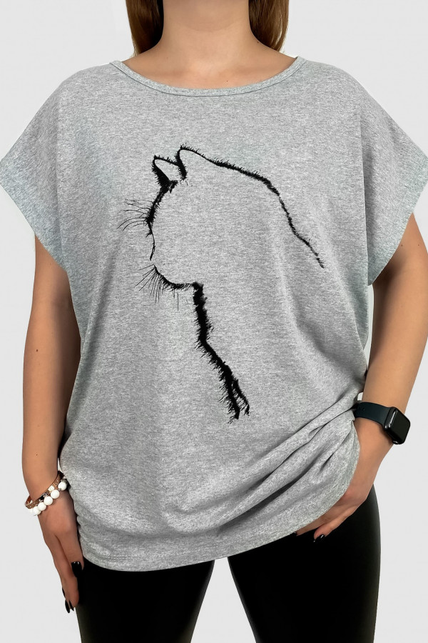 T-shirt damski plus size w kolorze szarym zarys kot cat