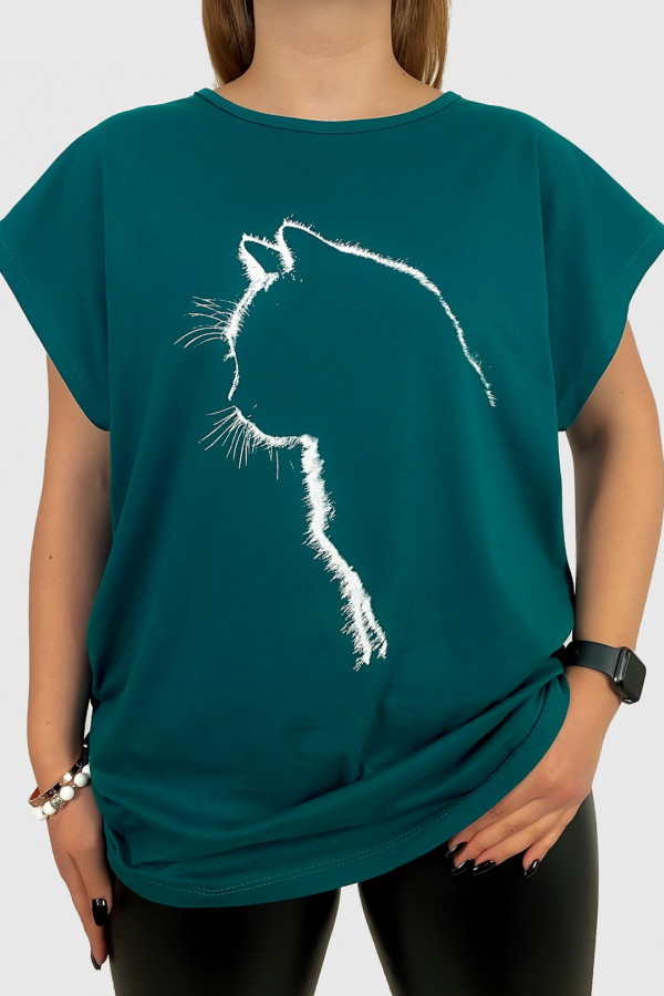T-shirt damski plus size w kolorze morskim zarys kot cat