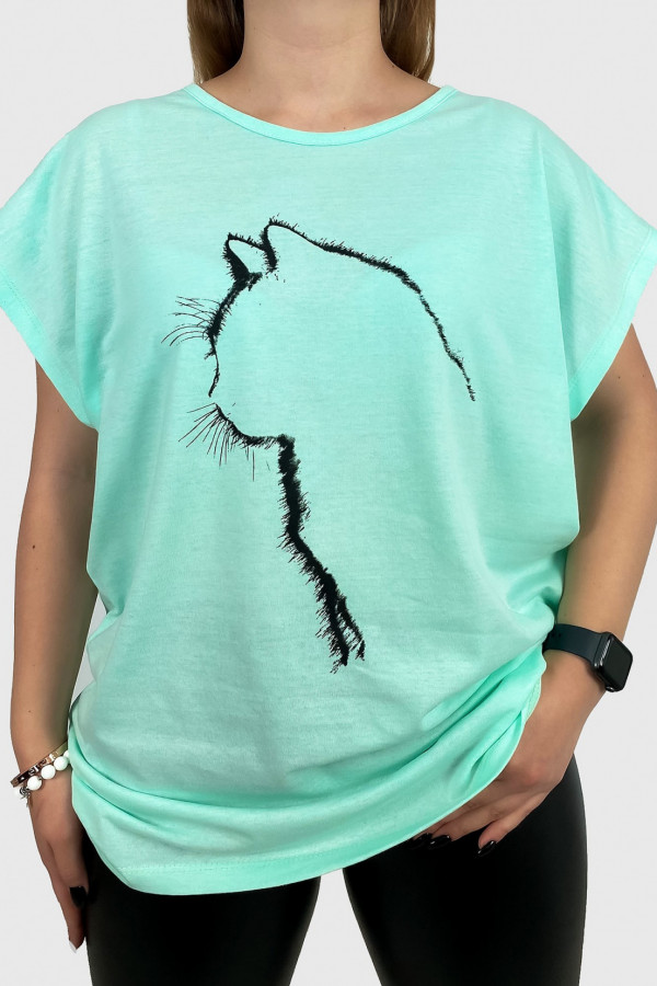 T-shirt damski plus size w kolorze miętowym zarys kot cat