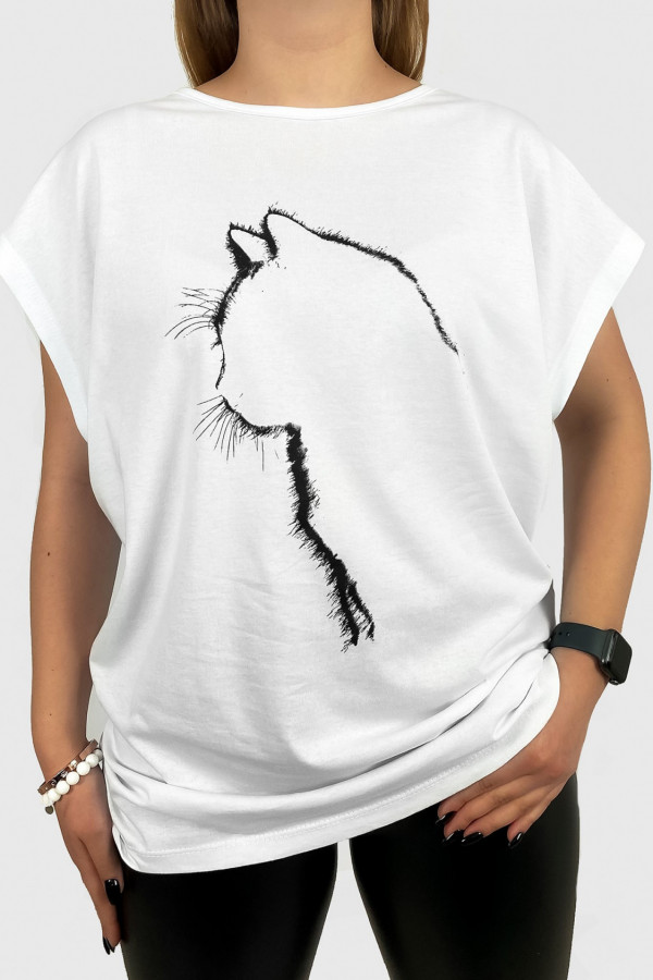 T-shirt damski plus size w kolorze białym zarys kot cat