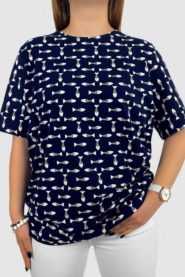 T-shirt bluzka damska plus size granatowa wzór rybki Blanca