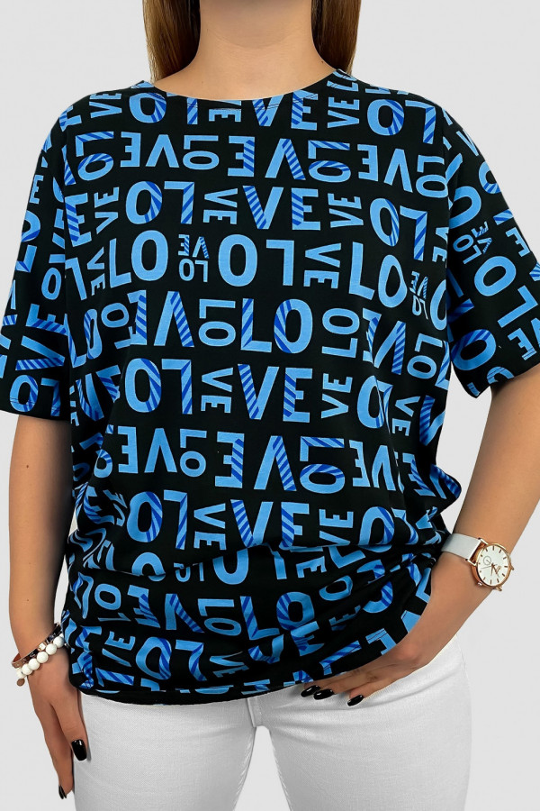 T-shirt bluzka damska plus size niebieski wzór print litery Blanca