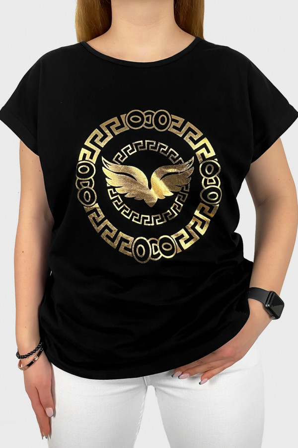 T-shirt damski w kolorze czarnym złoty print skrzydła