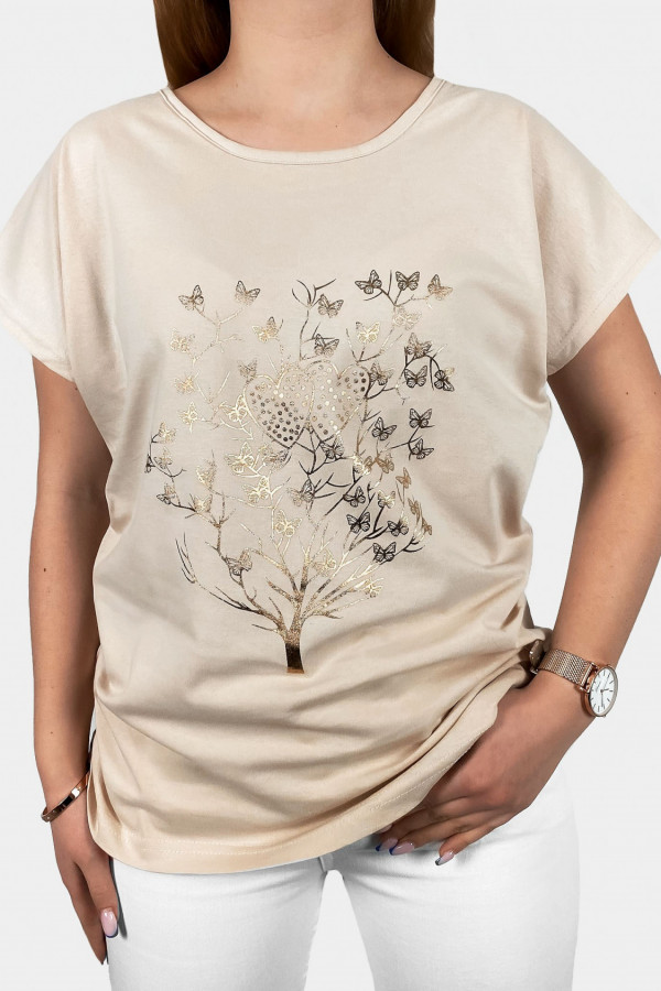 T-shirt damski w kolorze beżowym złoty print drzewko motylki